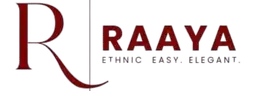 The logo for RAAYA, featuring a stylized dark red serif letter 'R' with a vertical line, followed by the brand name 'RAAYA' in dark red and the tagline 'ETHNIC EASY. ELEGANT.