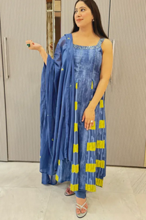 Blue & Yellow Tie-Dye Spaghetti Anarkali Set in Pure Cotton
