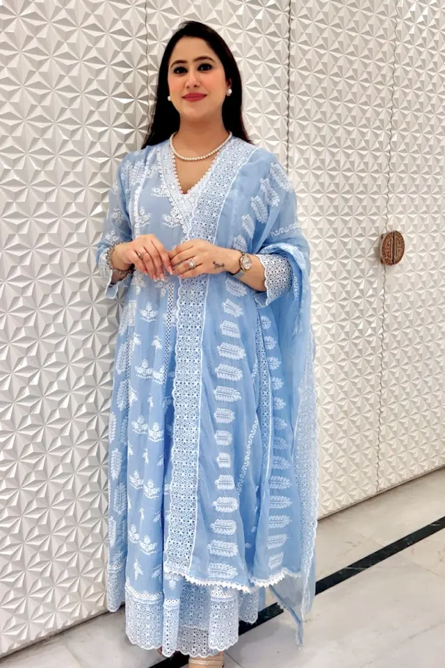 blue pure mul cotton anarkali set with pant & dupatta