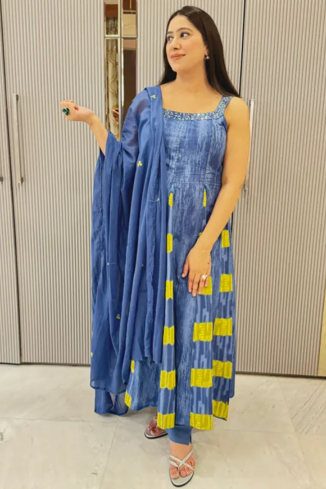 Blue & Yellow Tie-Dye Spaghetti Anarkali Set in Pure Cotton
