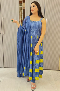 Blue & Yellow Tie-Dye Spaghetti Anarkali Set in Pure Cotton