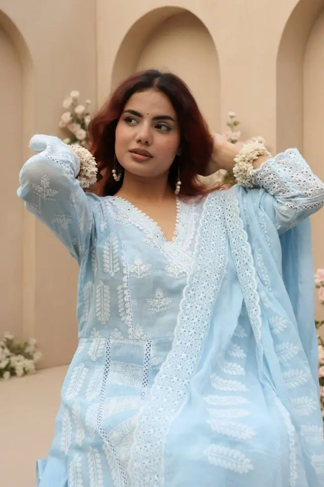 blue pure mul cotton anarkali set with pant & dupatta