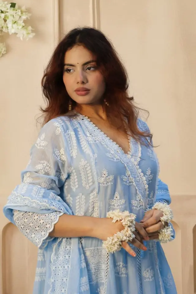 blue pure mul cotton anarkali set with pant & dupatta