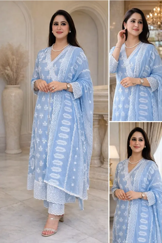 blue pure mul cotton anarkali set with pant & dupatta