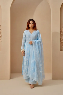 blue pure mul cotton anarkali set with pant & dupatta