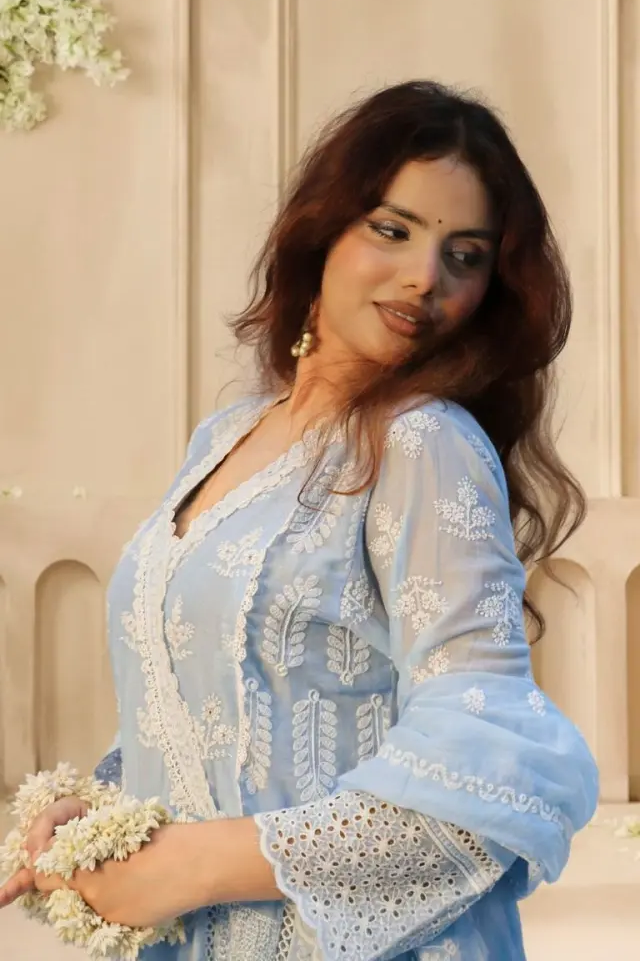 blue pure mul cotton anarkali set with pant & dupatta