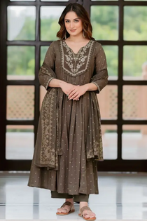brown cotton anarkali set – embroidered flared kurta with pant & dupatta