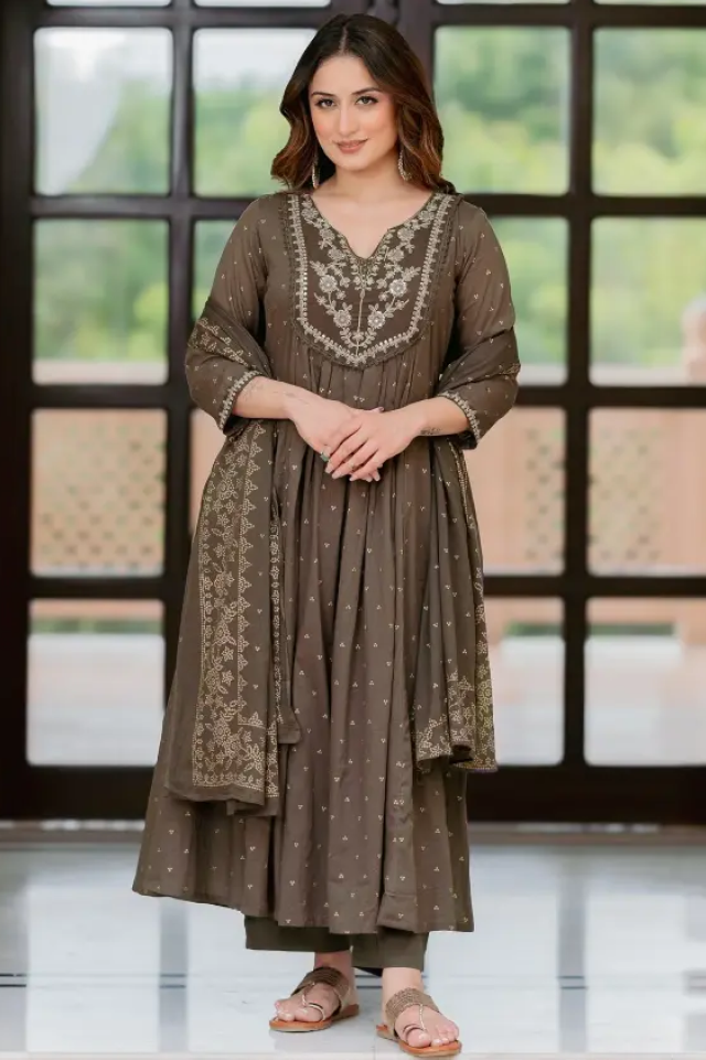 brown cotton anarkali set – embroidered flared kurta with pant & dupatta
