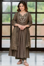 brown cotton anarkali set – embroidered flared kurta with pant & dupatta