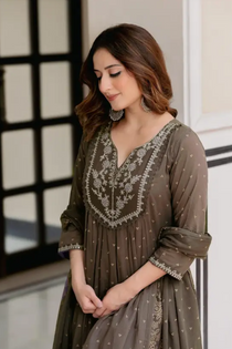 brown cotton anarkali set – embroidered flared kurta with pant & dupatta