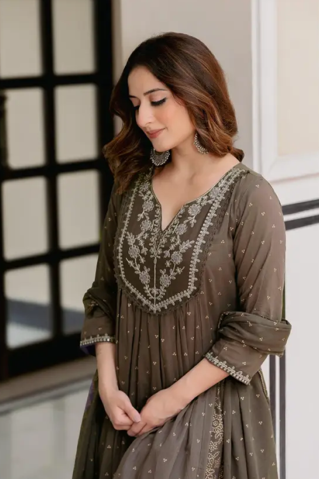 brown cotton anarkali set – embroidered flared kurta with pant & dupatta