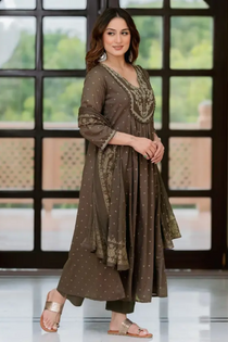 brown cotton anarkali set – embroidered flared kurta with pant & dupatta
