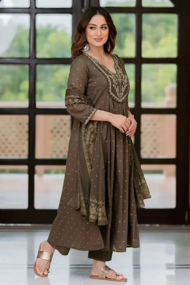 brown cotton anarkali set – embroidered flared kurta with pant & dupatta