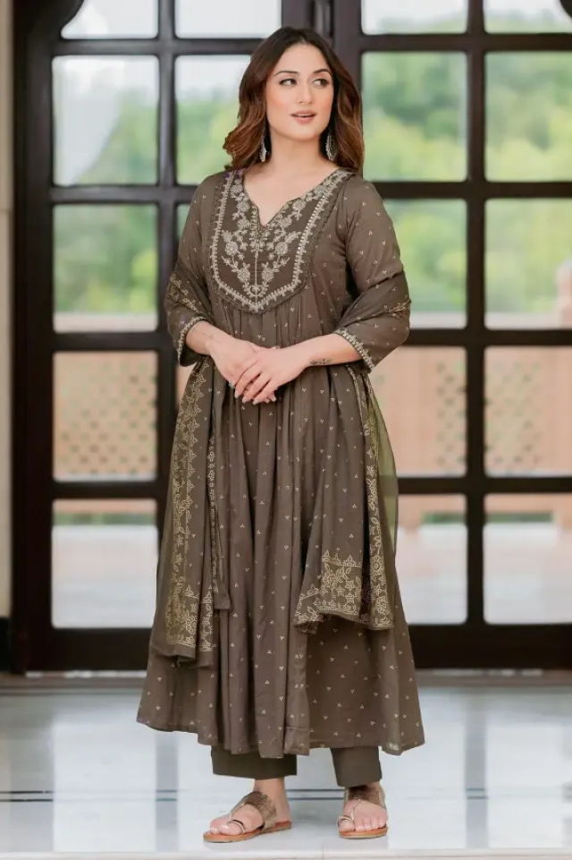 brown cotton anarkali set – embroidered flared kurta with pant & dupatta