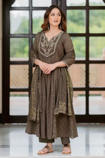 brown cotton anarkali set – embroidered flared kurta with pant & dupatta
