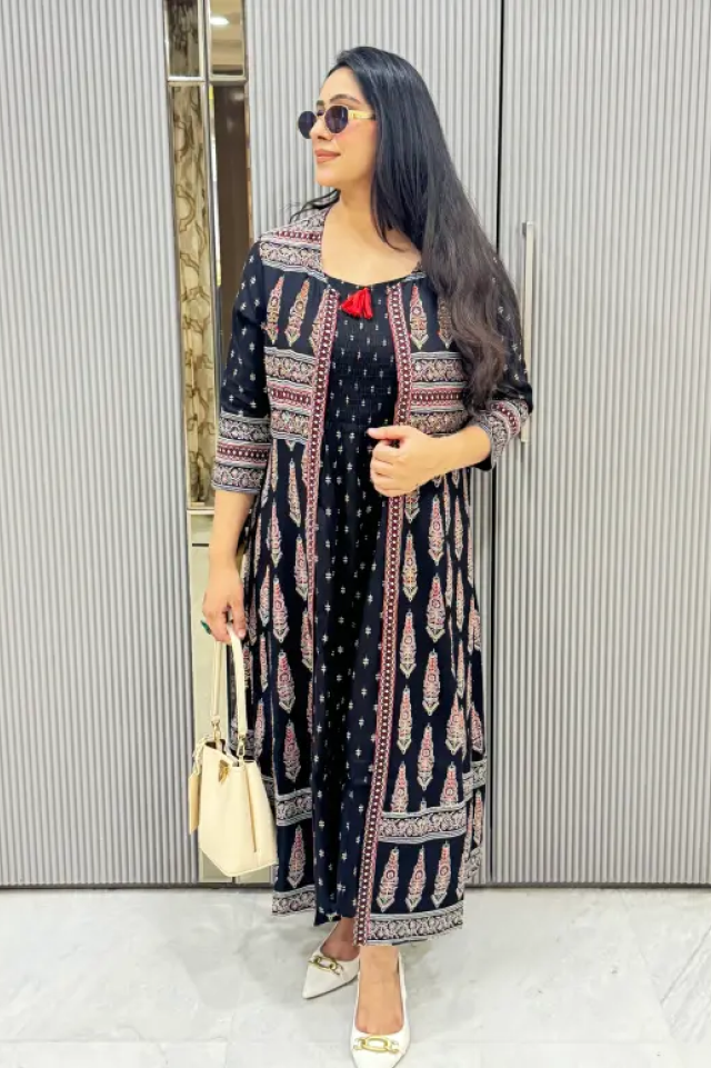 Rayon Smoked Dress with Handwork Shrug - 2 pc set