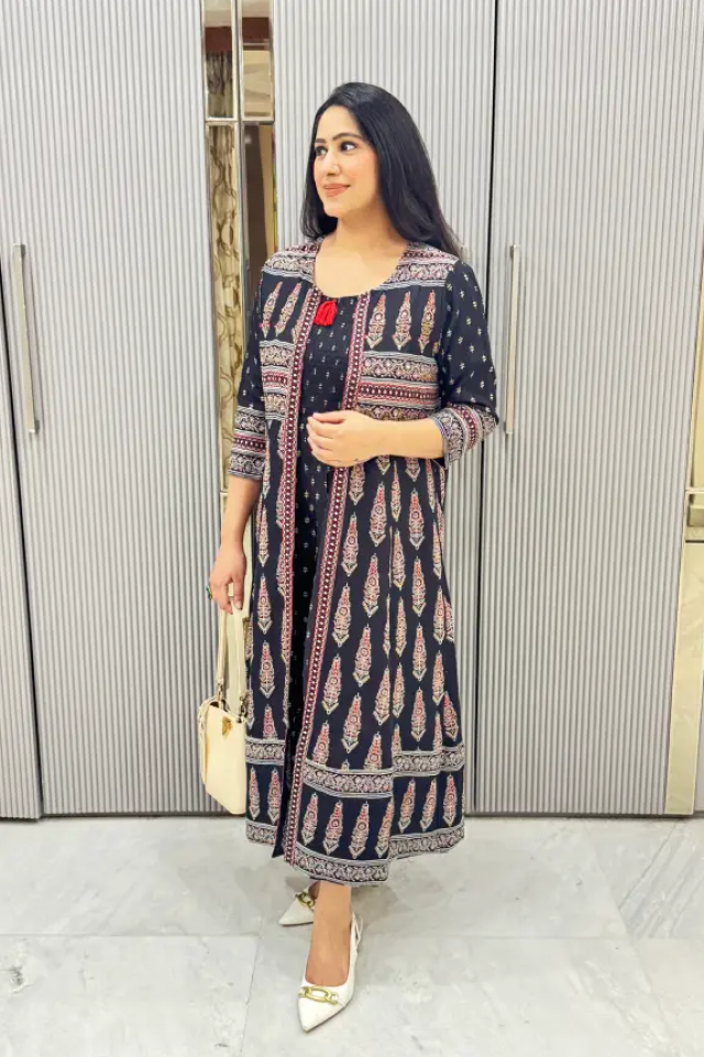 Rayon Smoked Dress with Handwork Shrug - 2 pc set