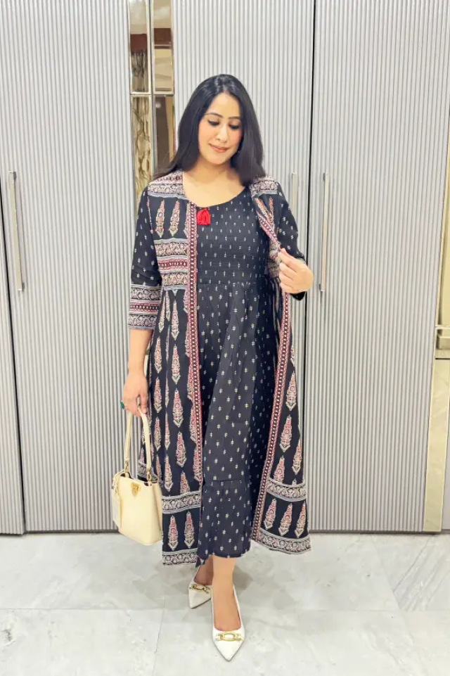 Rayon Smoked Dress with Handwork Shrug - 2 pc set