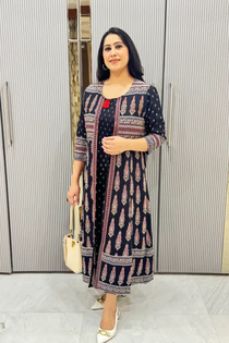 Rayon Smoked Dress with Handwork Shrug - 2 pc set