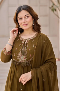 women’s olive bronze cotton embroidered straight kurta set with dupatta & pants – elegant 3-piece ethnic suit