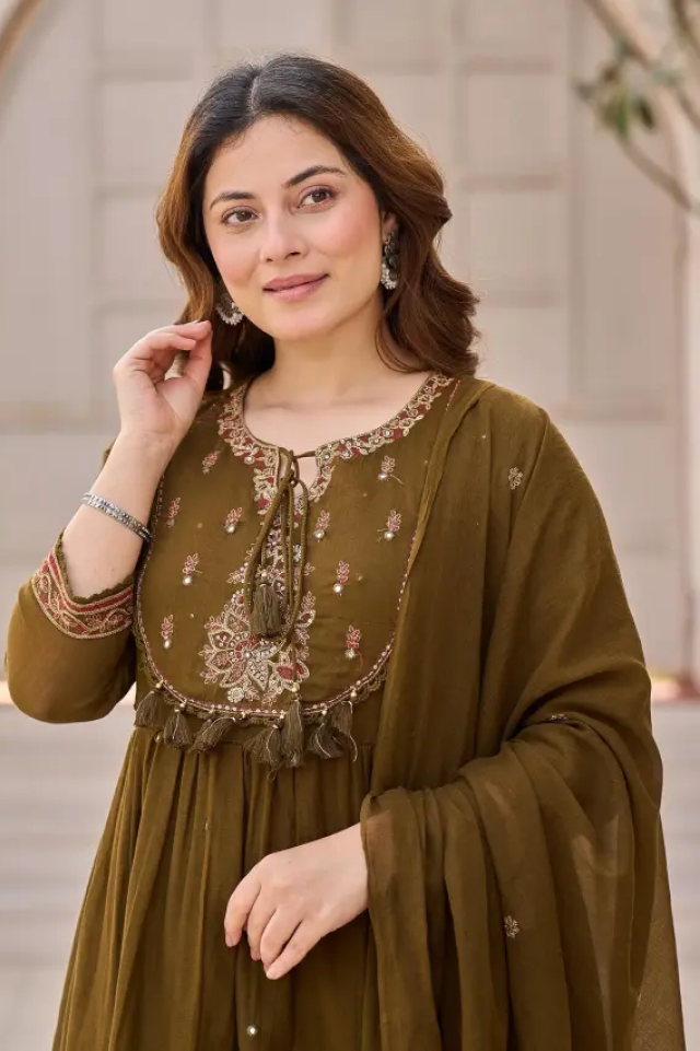 women’s olive bronze cotton embroidered straight kurta set with dupatta & pants – elegant 3-piece ethnic suit