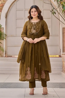 women’s olive bronze cotton embroidered straight kurta set with dupatta & pants – elegant 3-piece ethnic suit
