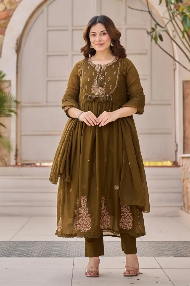 women’s olive bronze cotton embroidered straight kurta set with dupatta & pants – elegant 3-piece ethnic suit