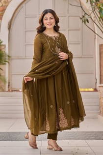 women’s olive bronze cotton embroidered straight kurta set with dupatta & pants – elegant 3-piece ethnic suit