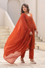 women’s rust orange cotton embroidered straight kurta set with dupatta & pants – elegant 3-piece ethnic suit