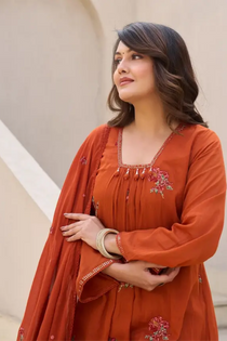 women’s rust orange cotton embroidered straight kurta set with dupatta & pants – elegant 3-piece ethnic suit
