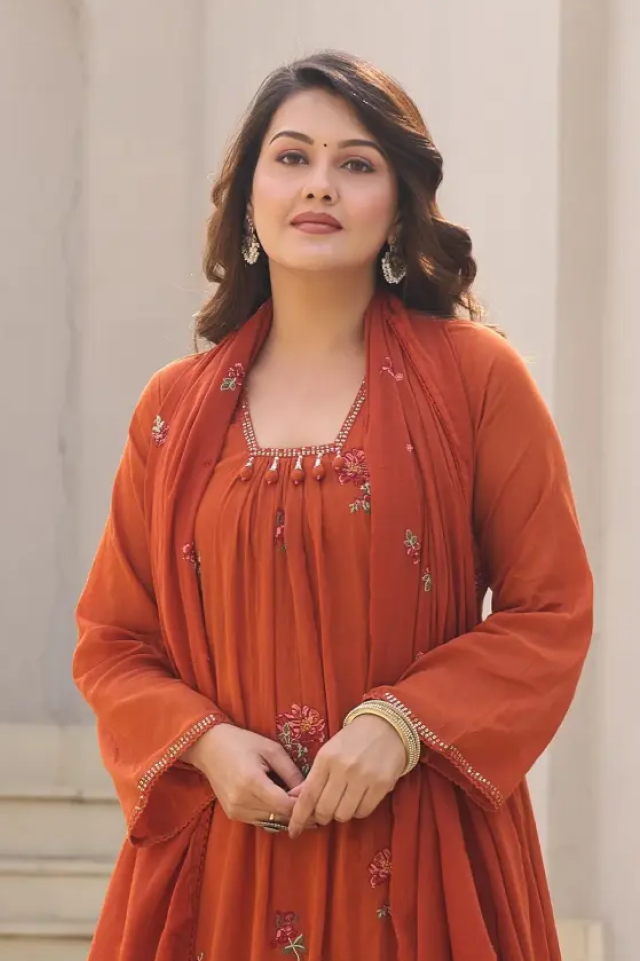 women’s rust orange cotton embroidered straight kurta set with dupatta & pants – elegant 3-piece ethnic suit