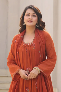women’s rust orange cotton embroidered straight kurta set with dupatta & pants – elegant 3-piece ethnic suit