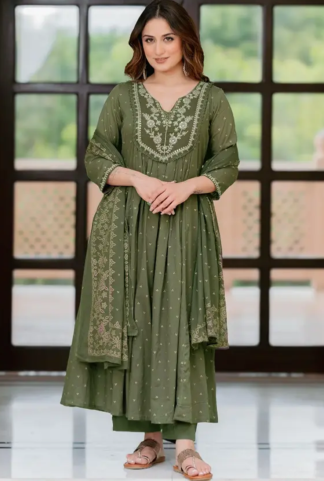 olive green cotton anarkali set – embroidered flared kurta with pant & dupatta