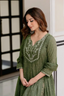 olive green cotton anarkali set – embroidered flared kurta with pant & dupatta
