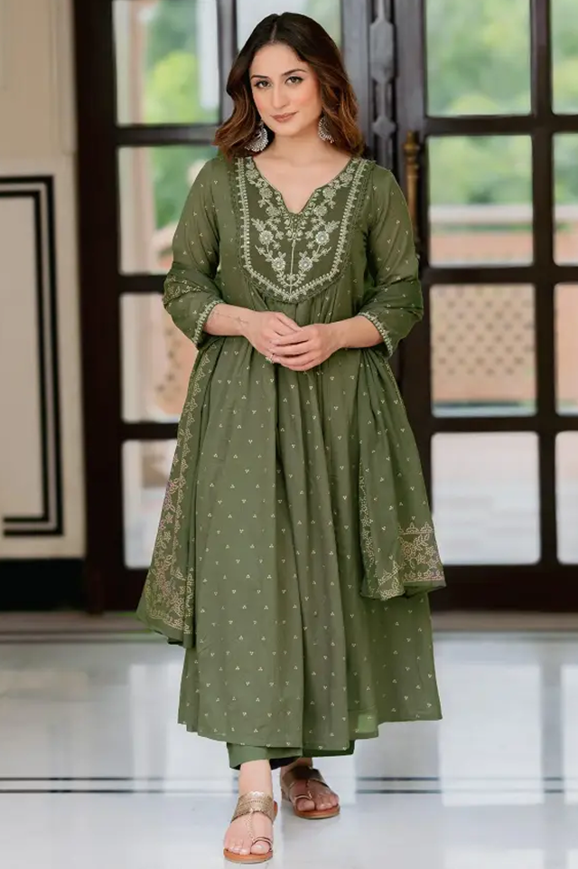 olive green cotton anarkali set – embroidered flared kurta with pant & dupatta