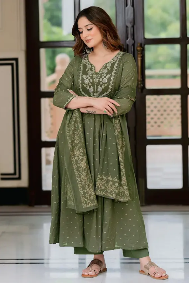 olive green cotton anarkali set – embroidered flared kurta with pant & dupatta