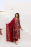 maroon mul chanderi set with pant & dupatta – handcrafted yoke & scalloped sleeves