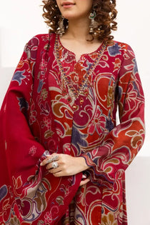 maroon mul chanderi set with pant & dupatta – handcrafted yoke & scalloped sleeves