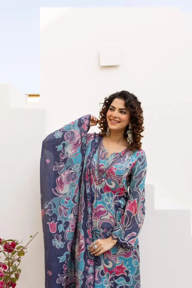 blue mul chanderi set with pant & dupatta – handcrafted yoke & scalloped sleeves