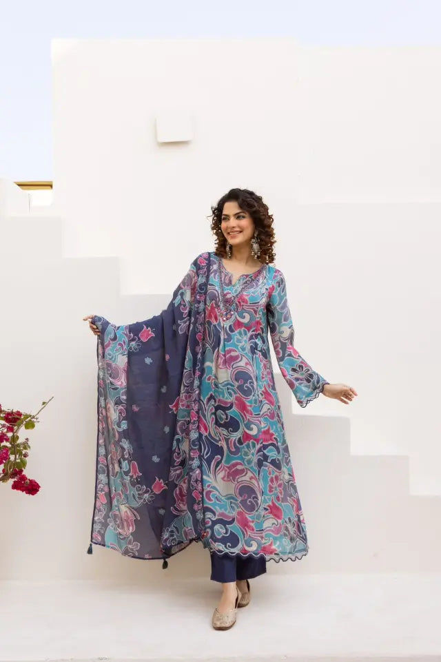 blue mul chanderi set with pant & dupatta – handcrafted yoke & scalloped sleeves