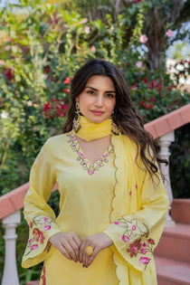 yellow cotton dobby weaving set with pant & dupatta – fully embroidered ethnic wear