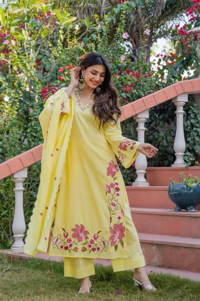 yellow cotton dobby weaving set with pant & dupatta – fully embroidered ethnic wear Main image