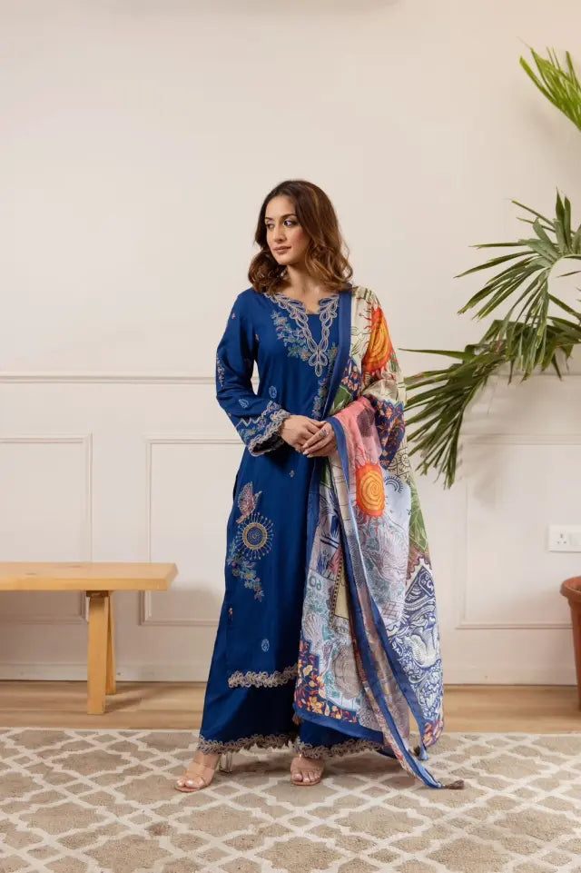 blue german rayon embroidered kurta set with digital print dupatta & wide palazzo - elegant 3-piece ethnic wear