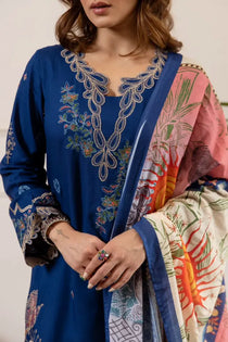 blue german rayon embroidered kurta set with digital print dupatta & wide palazzo - elegant 3-piece ethnic wear