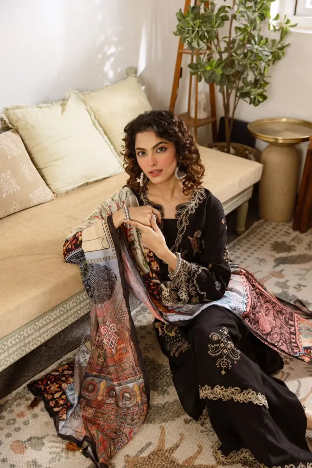 black german rayon embroidered kurta set with digital print dupatta & wide palazzo – elegant 3-piece ethnic wear