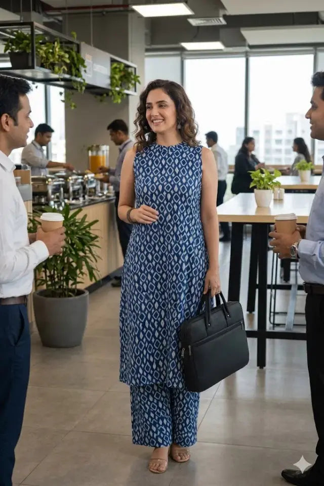 Indigo A-Line Co-ord Set with Mirror Work Yoke & Pocket Pants