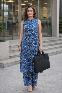 Indigo A-Line Co-ord Set with Mirror Work Yoke & Pocket Pants