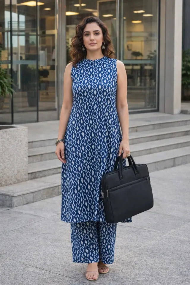 Indigo A-Line Co-ord Set with Mirror Work Yoke & Pocket Pants Main image